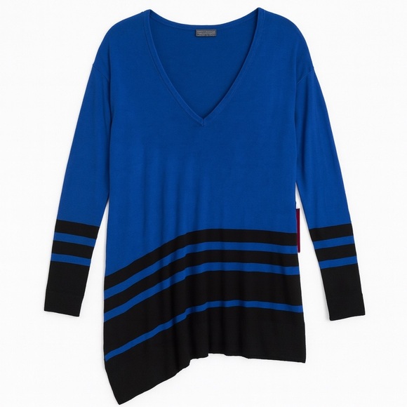 NWT Vince Camuto Asymmetrical V-Neck Sweater Azure Blue Black Stripe Hem Size L - Picture 1 of 9